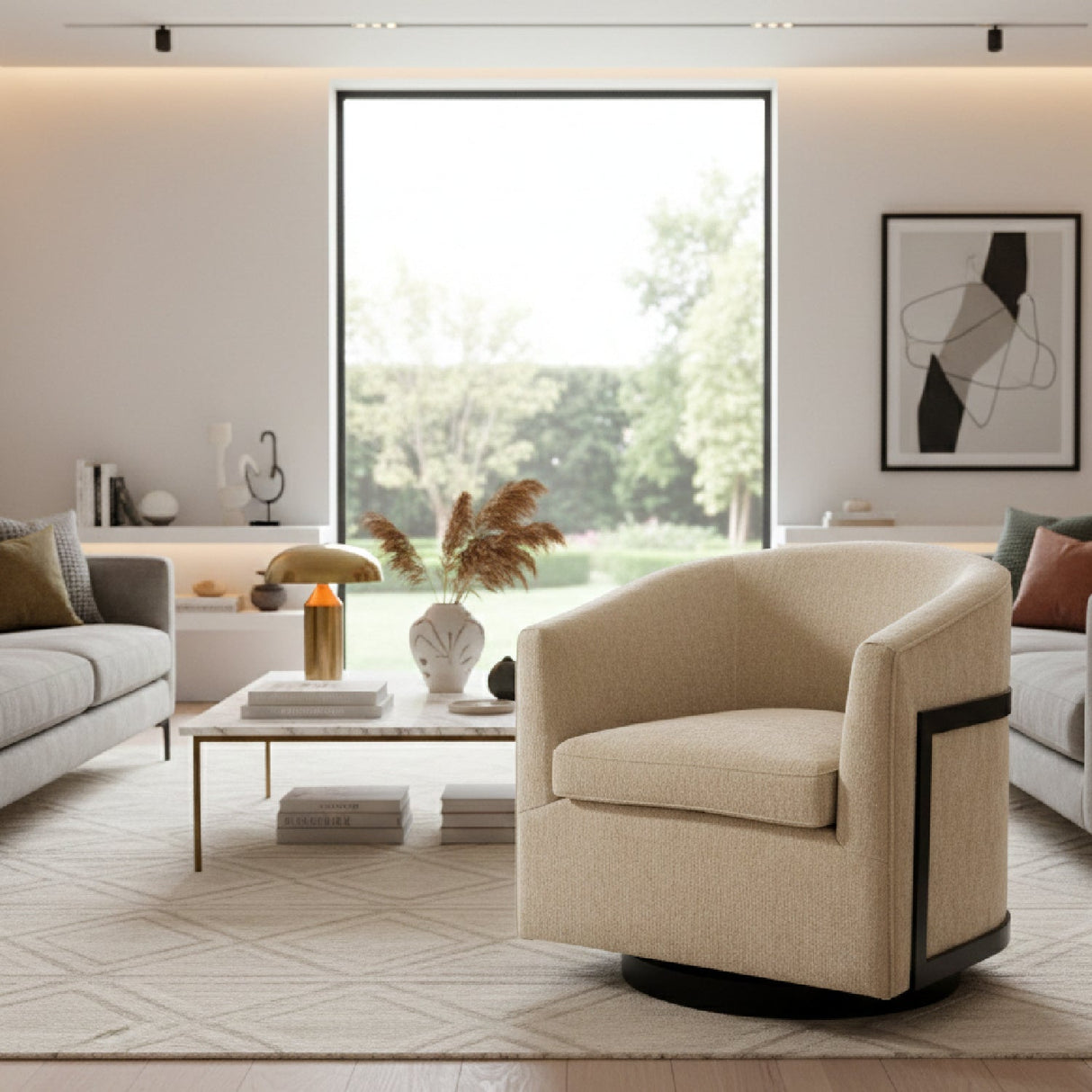 Golden Beige Swivel Chair – Hanko – angled view