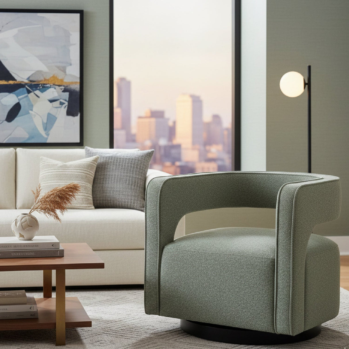 Sage Green Curved Swivel Chair – Turku – angled view