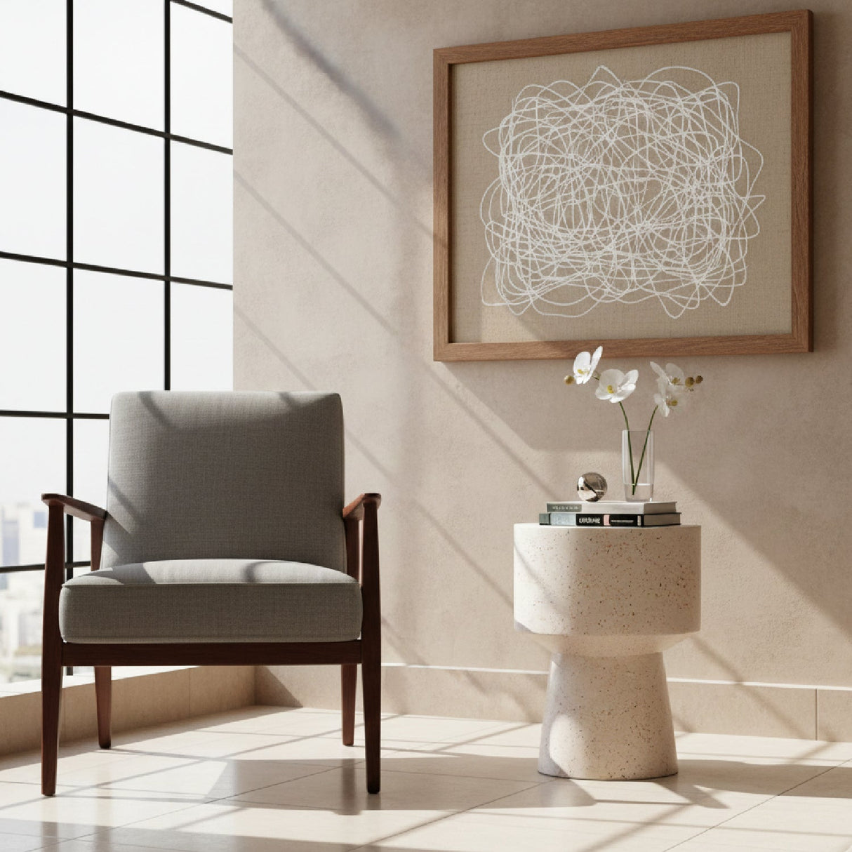 Beige Terrazzo-Look Side Table – Masko – angled view