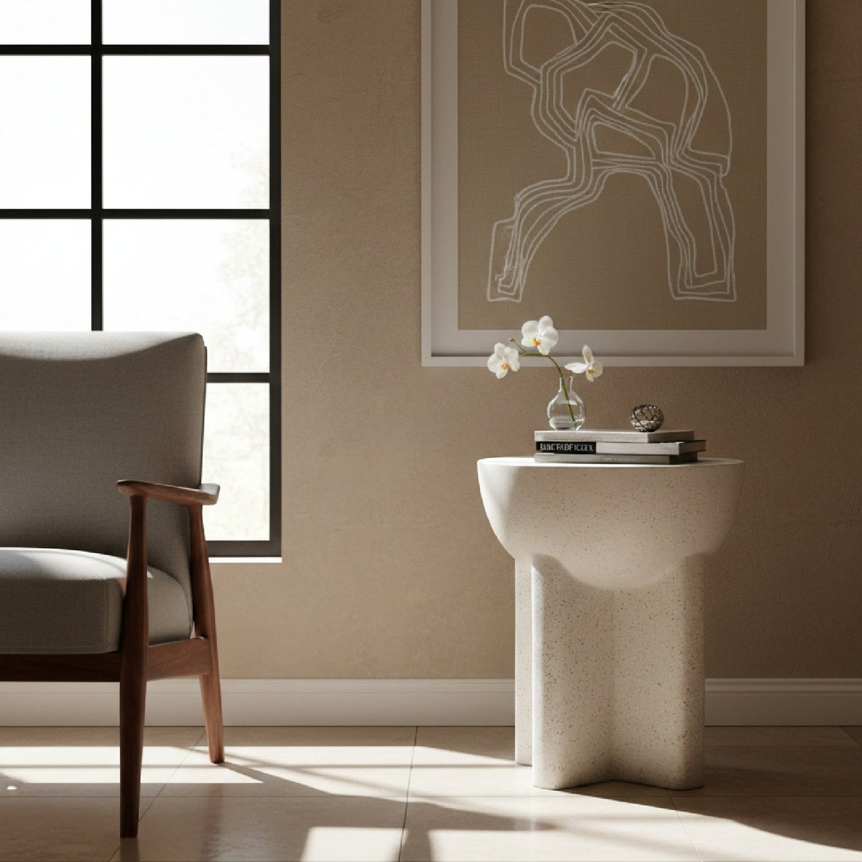 White Terrazzo-Look Side Table – Molli – angled view