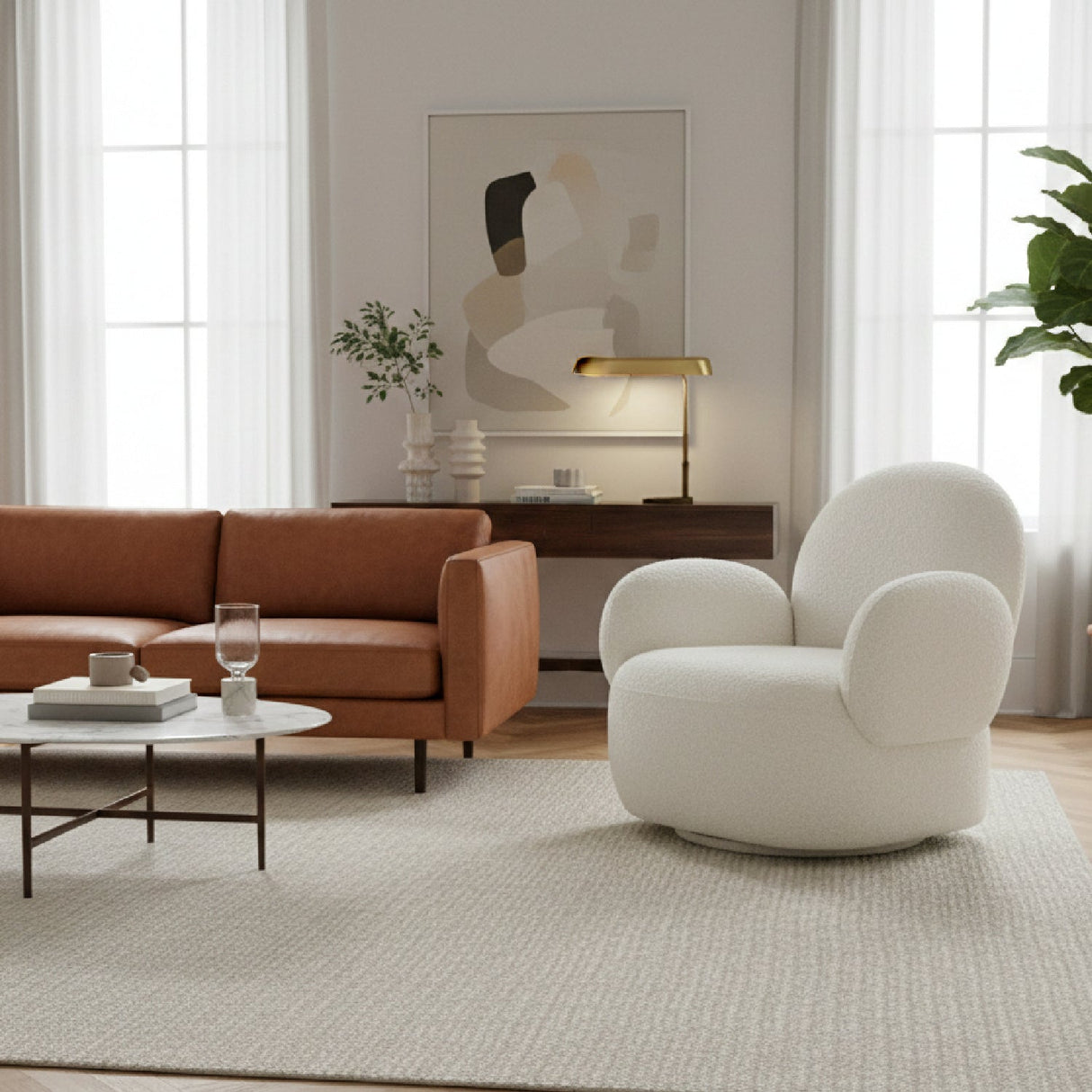 White Shearling Swivel Chair – Pilka – angled view