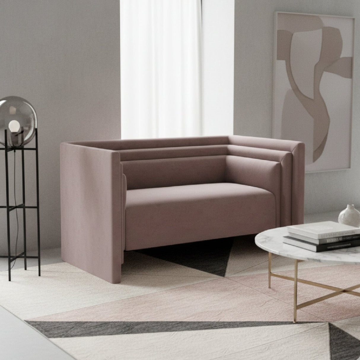 Taupe Velvet Loveseat – Trippel – angled view
