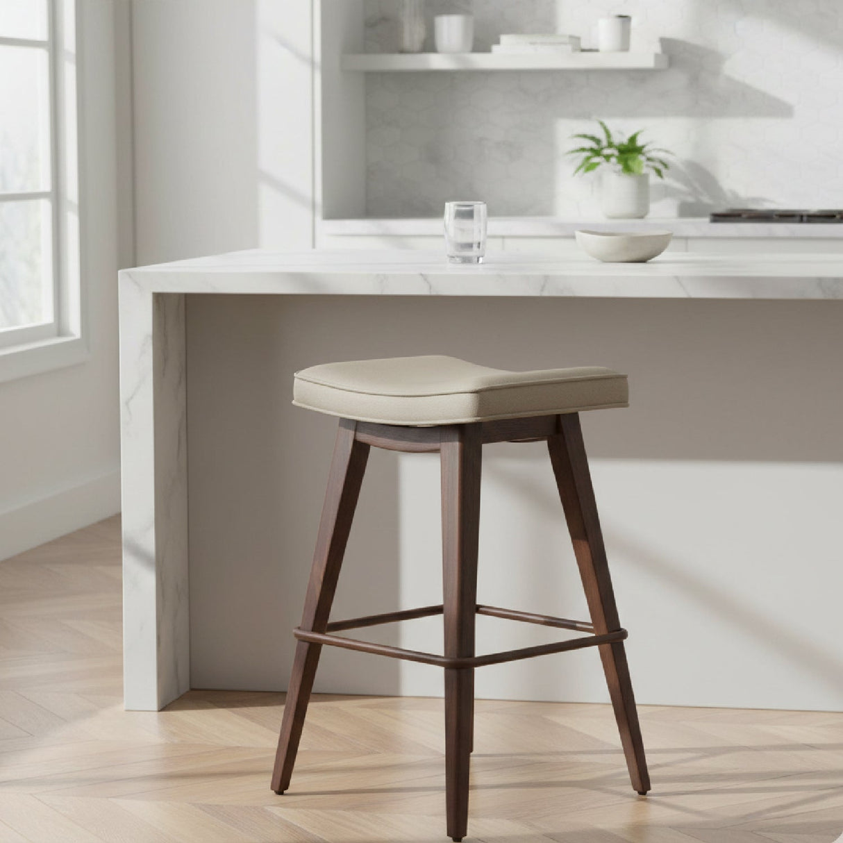 Beige Leather Seat Counter Stools (2) – Divat – angled view