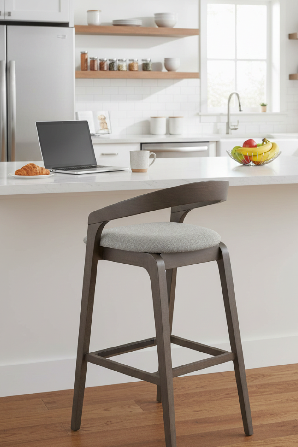 Gray Padded Seat Bar Stools (2) – Troy – angled view