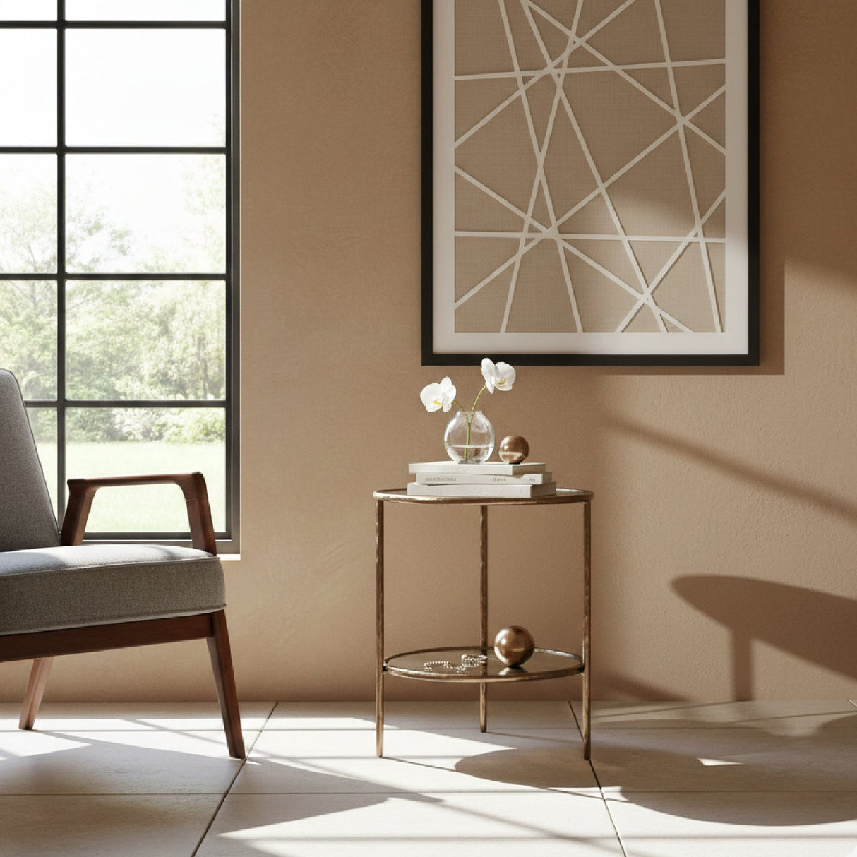 Round Mirror Glass Side Table – Anelli – angled view