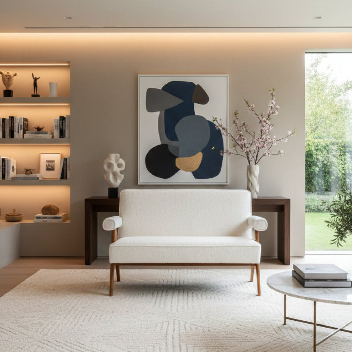 Wood Framed White Loveseat – Encanto – angled view