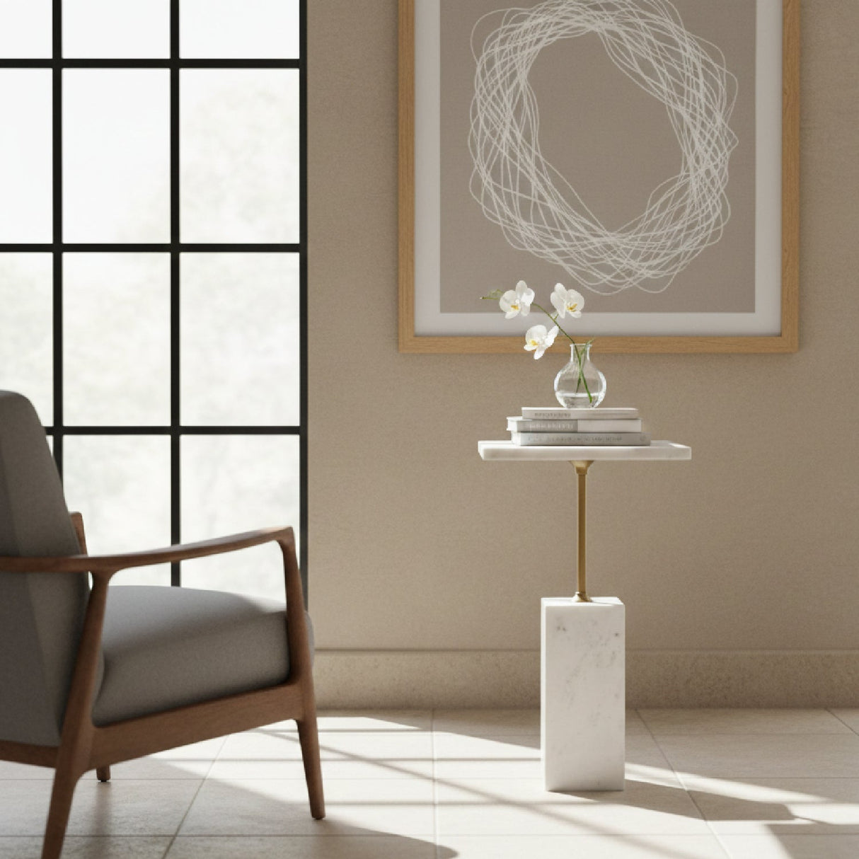 Square White Marble Side Table – Naht – angled view