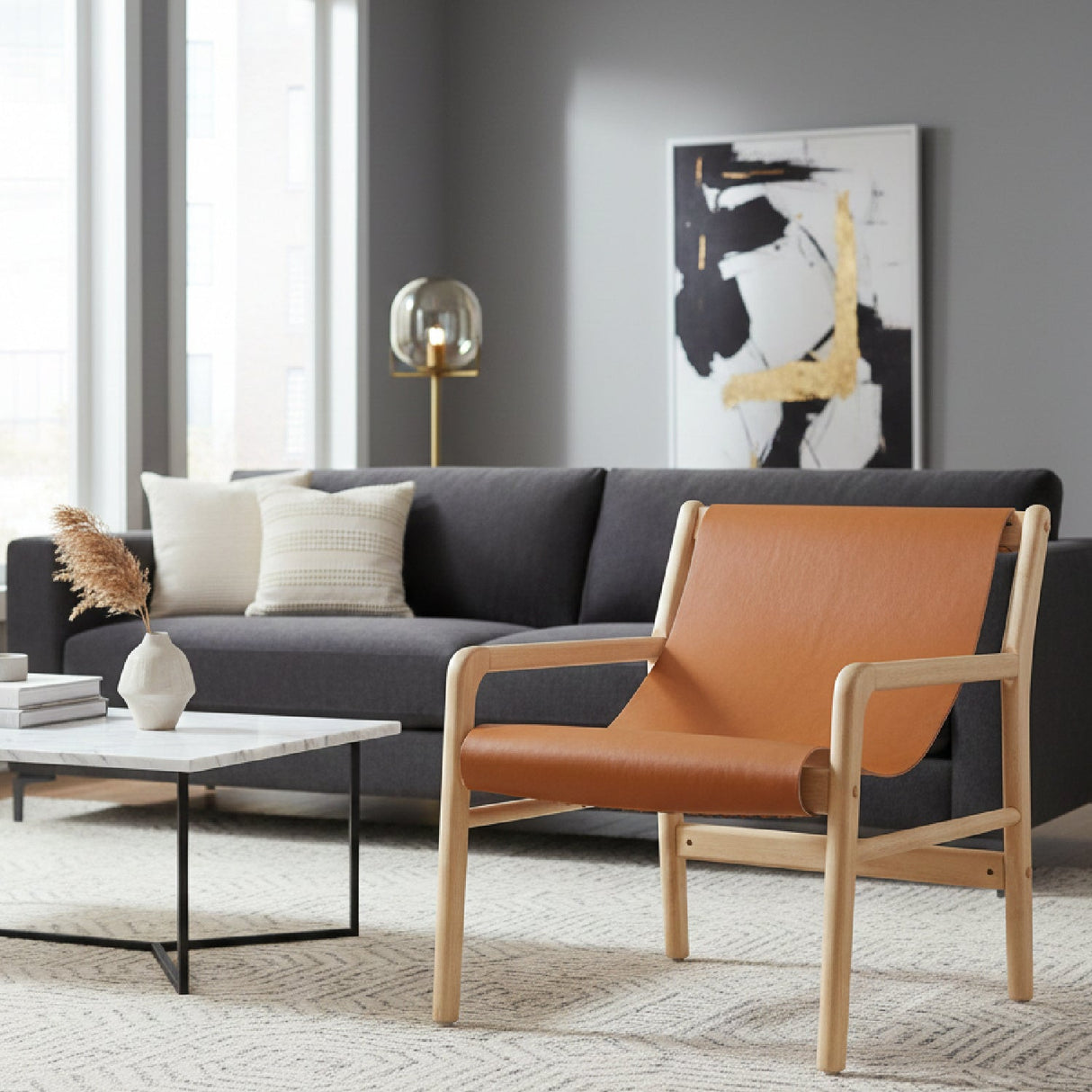 Tan Leather Accent Chair – Doek – angled view