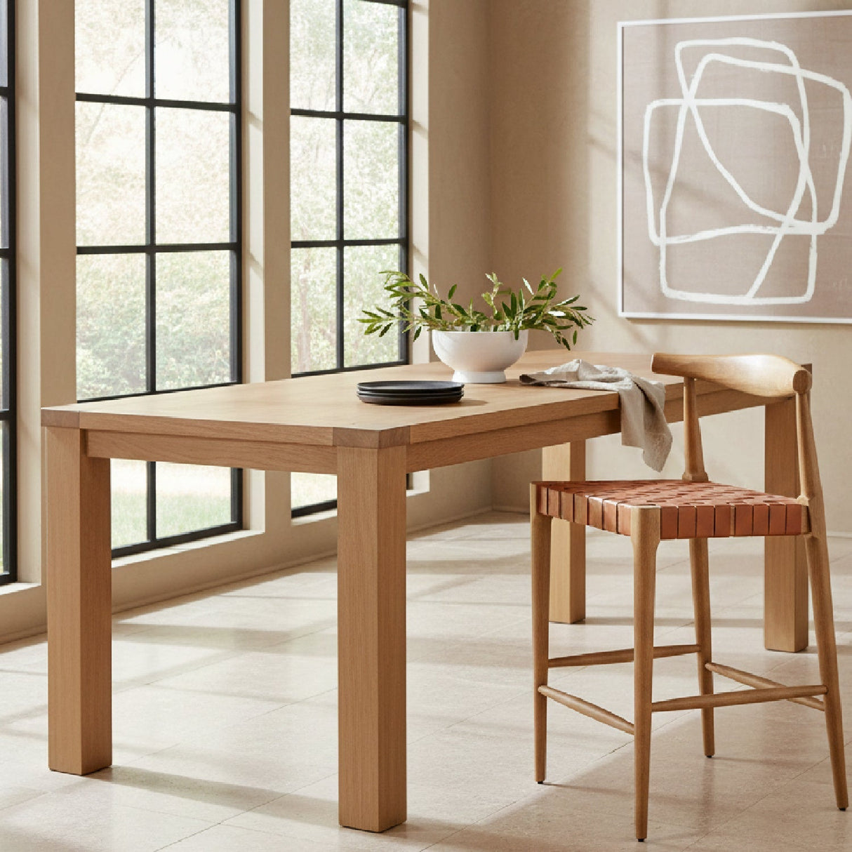 Tan Woven Leather Counter Stool – Bandani – angled view