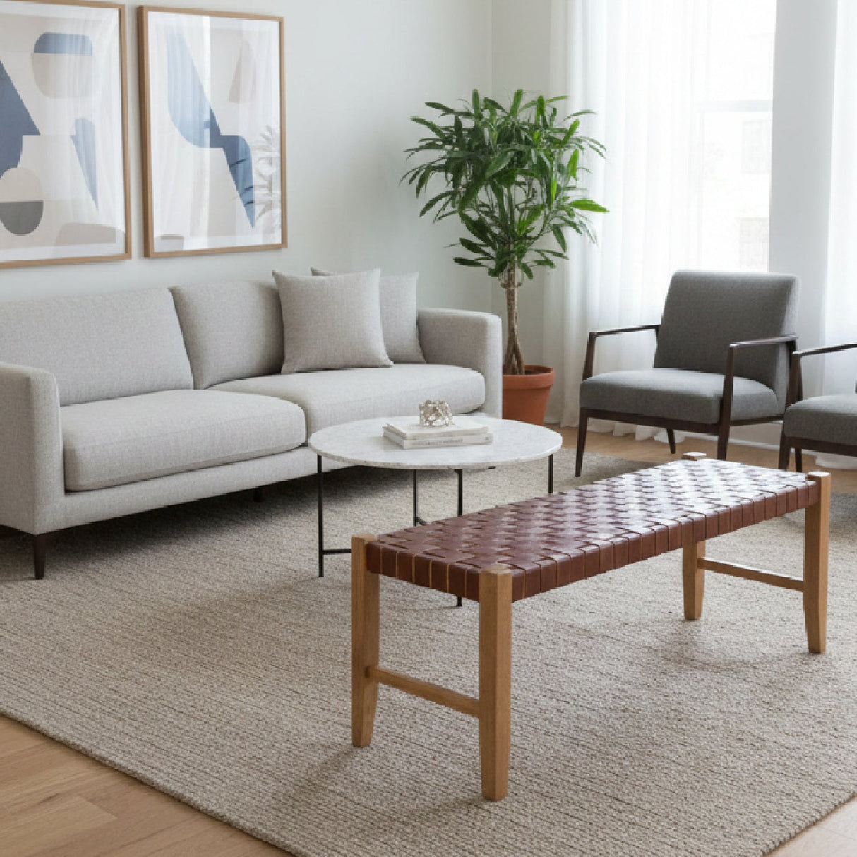 Brown Woven Leather Bench – Bandani – angled view