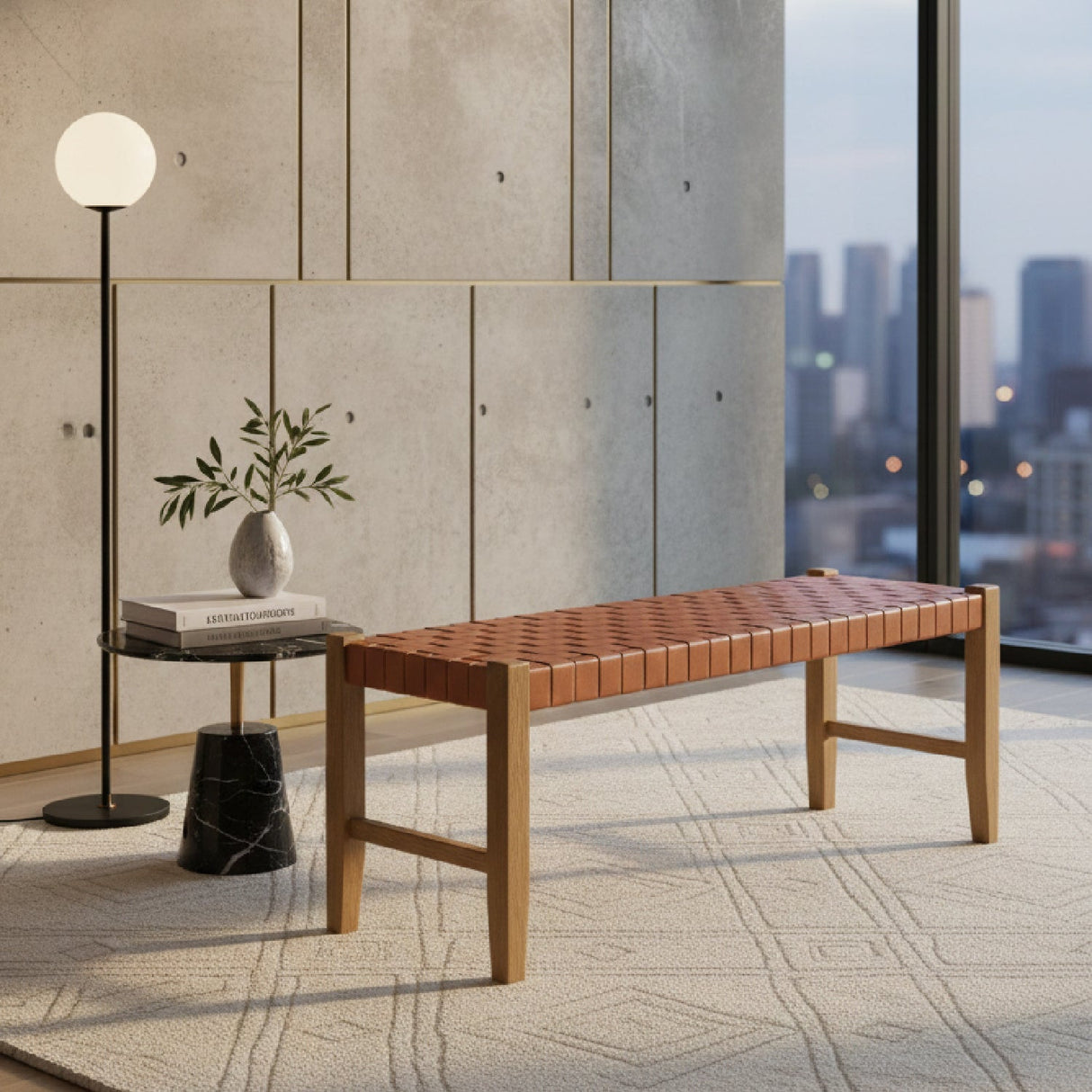 Tan Woven Leather Bench – Bandani – angled view