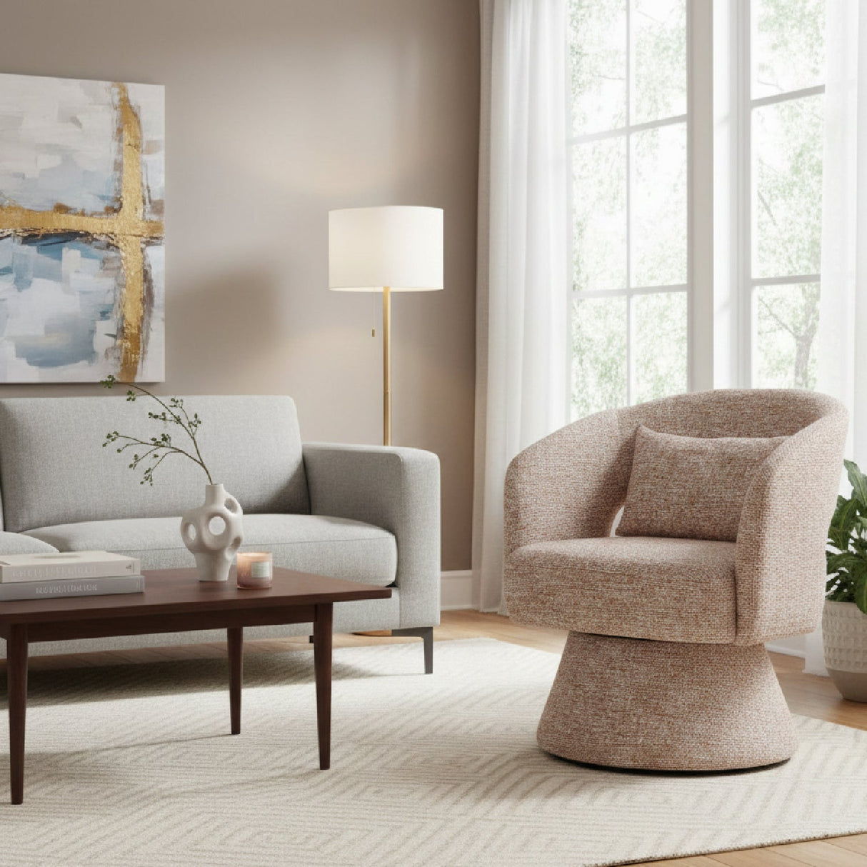 Speckled Brown Shearling Swivel Chair – Liva – angled view