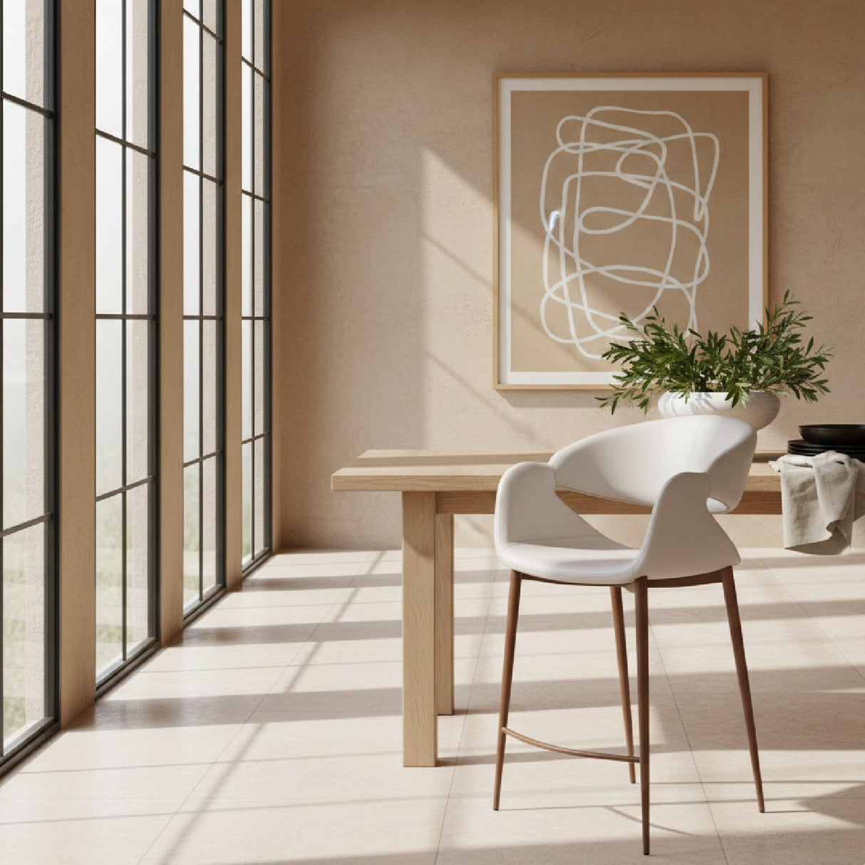 Beige Cut-Out Back Counter Stool – Limay – angled view