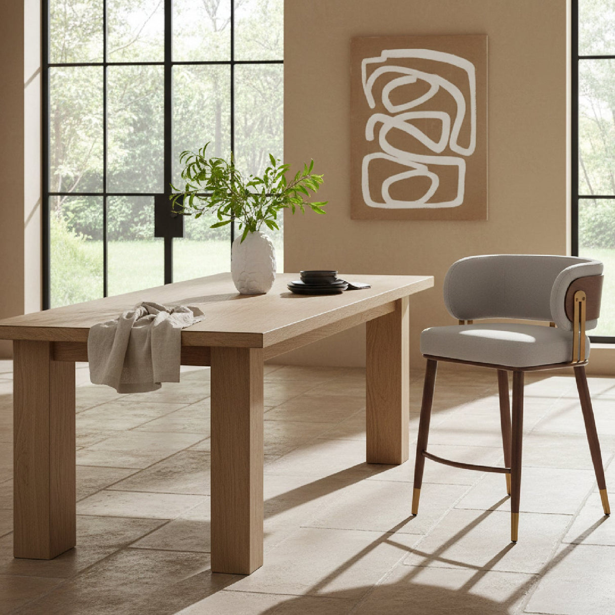 Beige Leather Counter Stool – Brew – angled view
