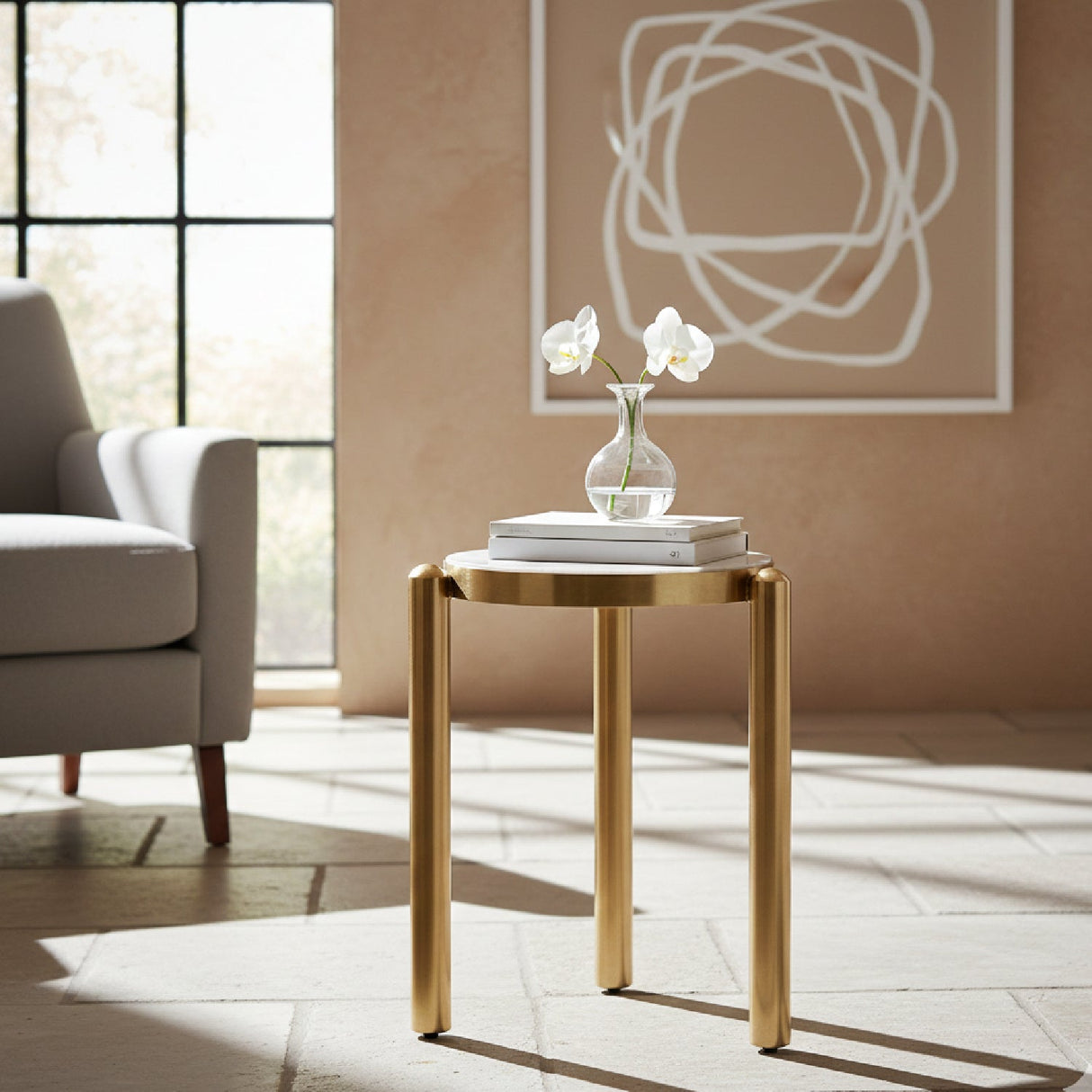 White & Gold Side Table – Noan – angled view