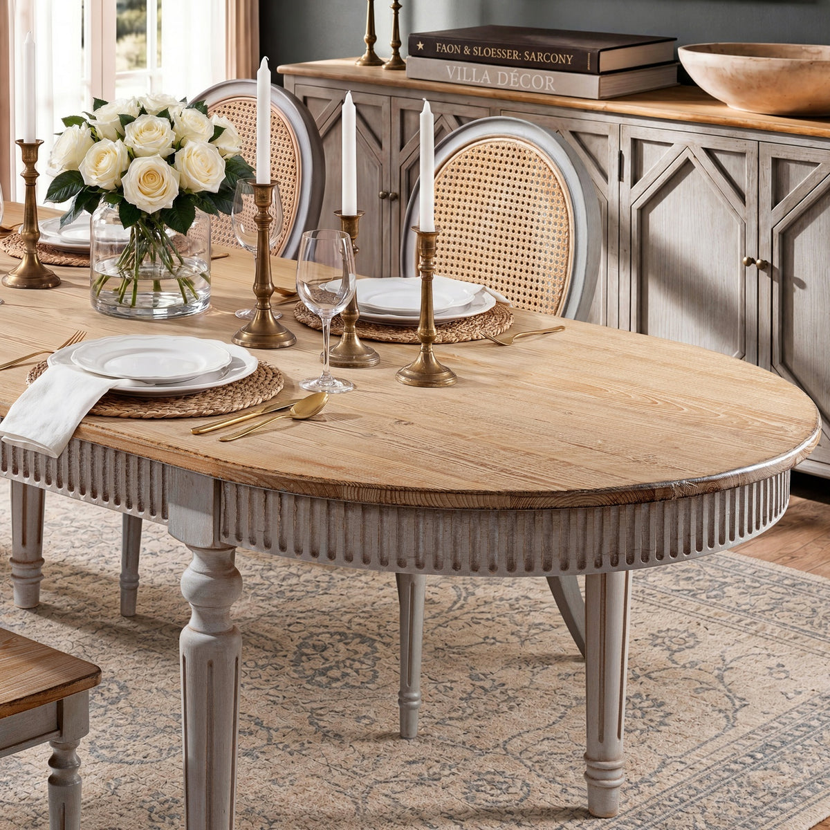 Colette Reclaimed Pine Oval Dining Table, Antique Natural Brown Top and Blue-Grey Base - OROA Modern Furniture