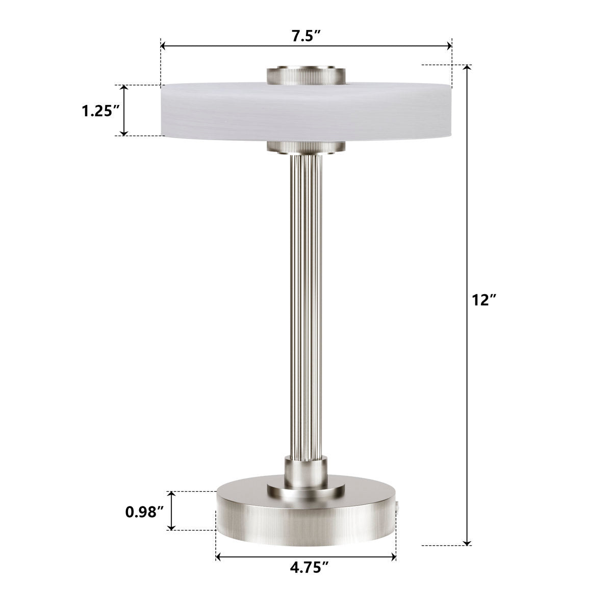 Nickel Rechargeable LED Table Lamp with Glass Shade — dimension diagram