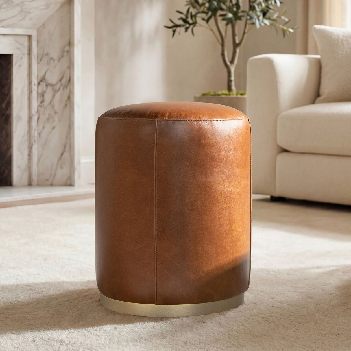 Round Brown Leather Ottoman - OROA
