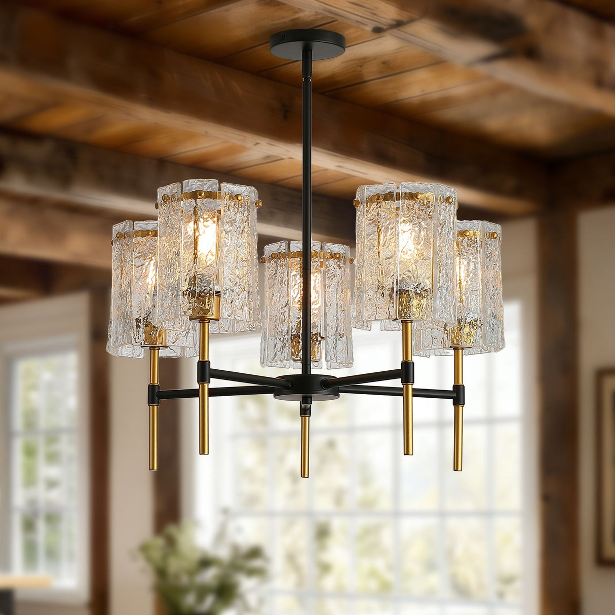 5 Light Farmhouse Chandelier, Textured Glass Pendant Light