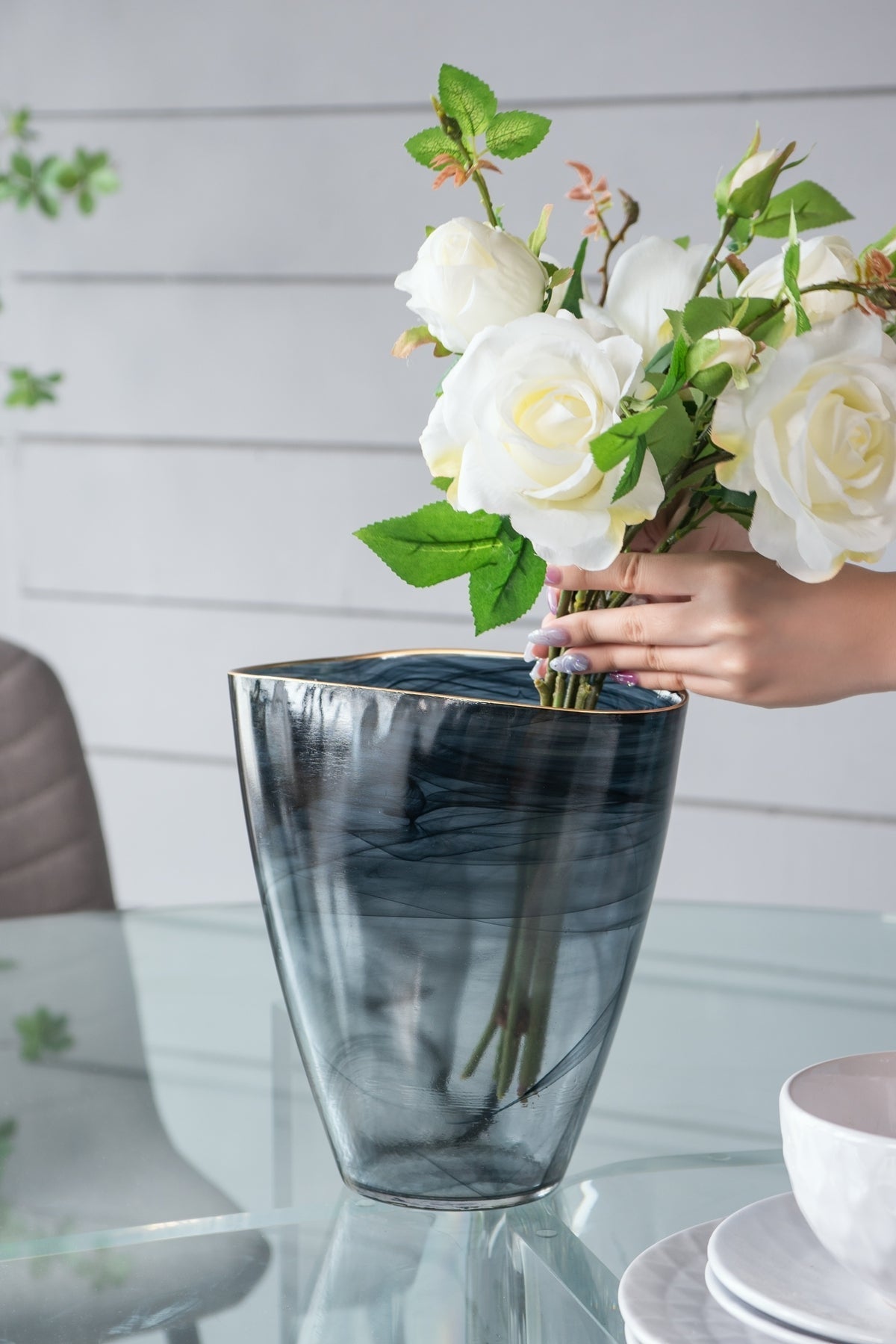 Smokey Black Glass Vase with Gold Rim