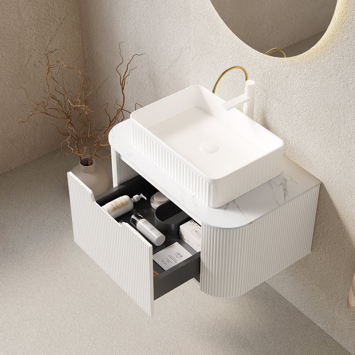 Bathroom Vanity & Sink with Floating Curved Edges - OROA