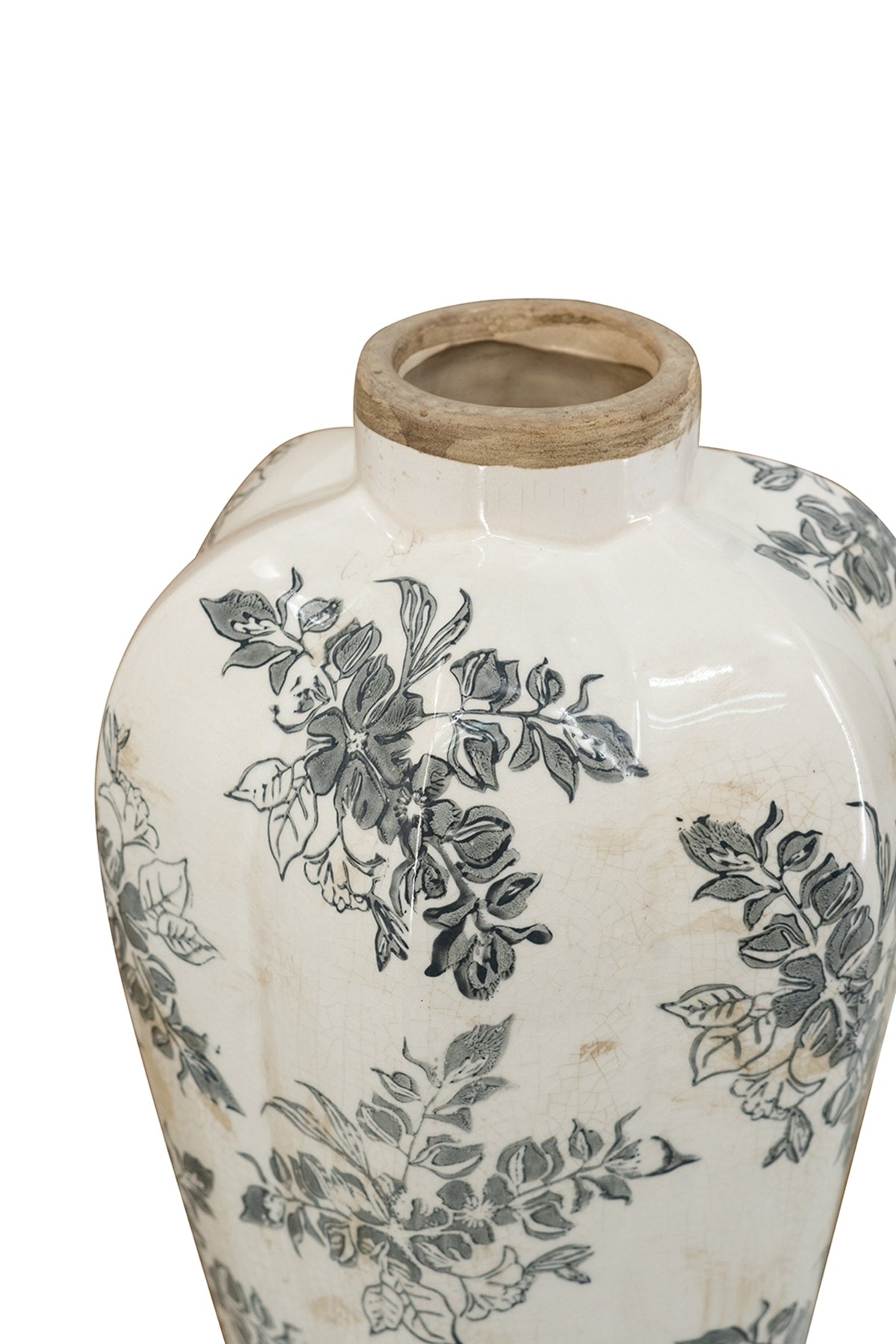 White Ceramic Accent Vase with Gray Floral Design - OROA