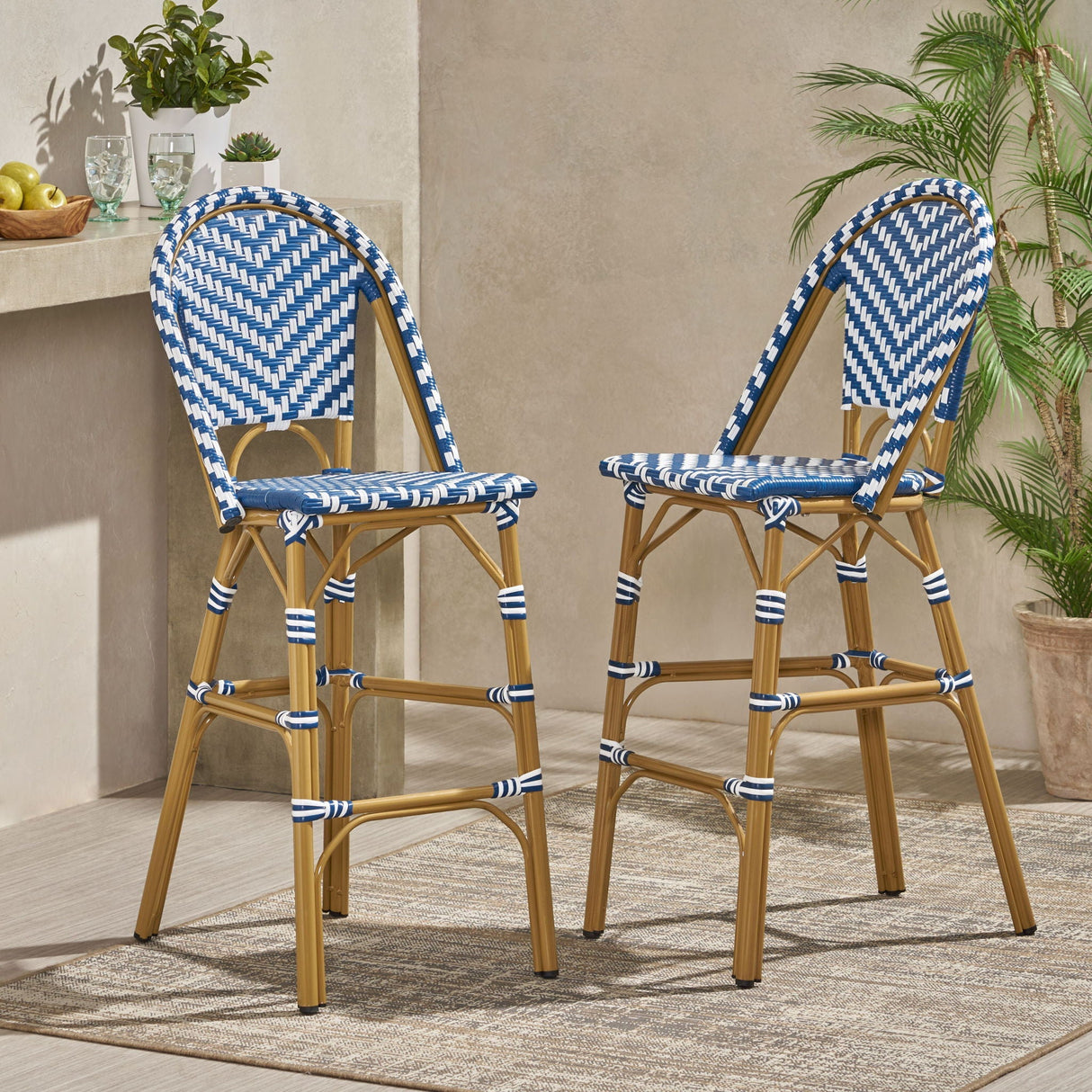 Outdoor Bar Stool Rattan - Navy Blue & White (S/2)