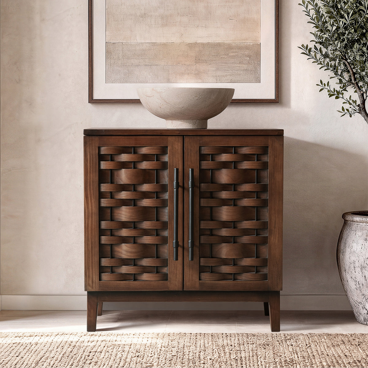 Koa Woven Wood Cabinet with Textured Door Fronts, Dark Brown Reclaimed Pine - OROA Modern Furniture