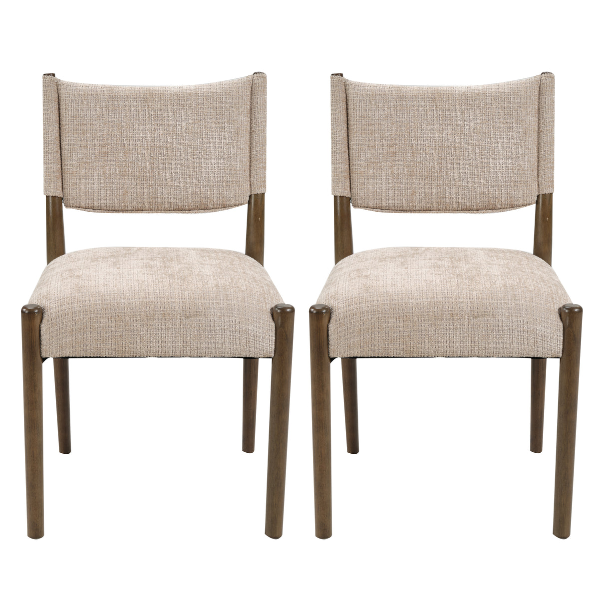 Upholstered dining chair with walnut-finish legs — two chairs viewed from the front