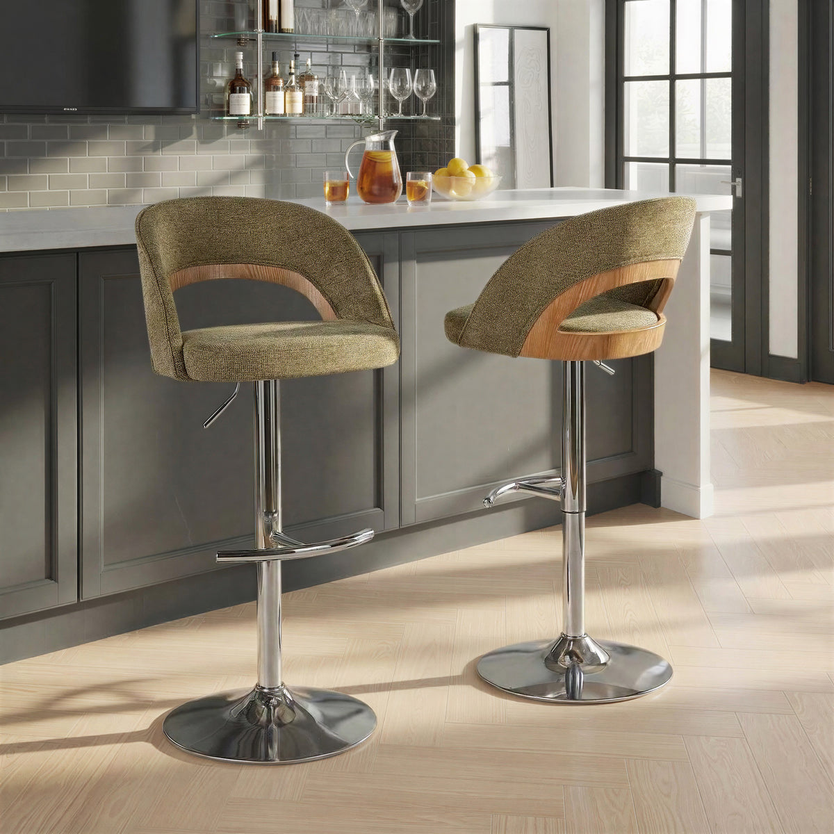 Sage Green Whitewashed Adjustable Swivel Bar Stools Set of 2 – OROA, view 2