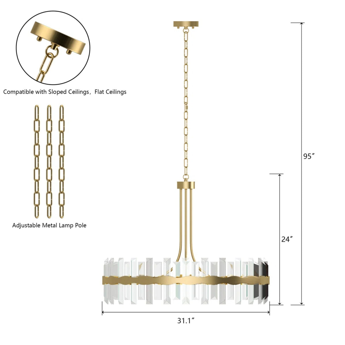 Gold Eight-Light Crystal Drum Chandelier — dimension and suspension diagram