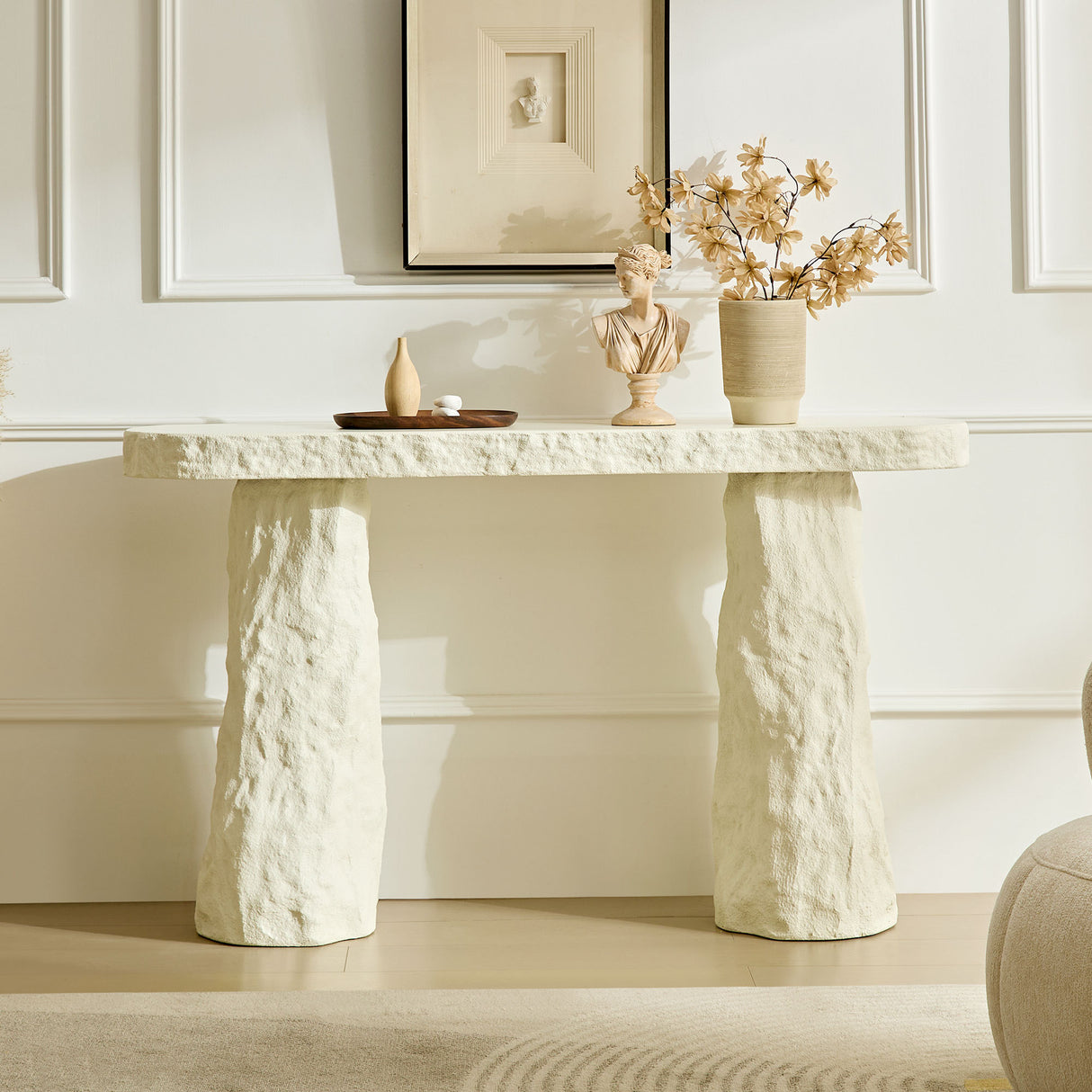 Beige Sculptural Stone-Look Console Table | OROA