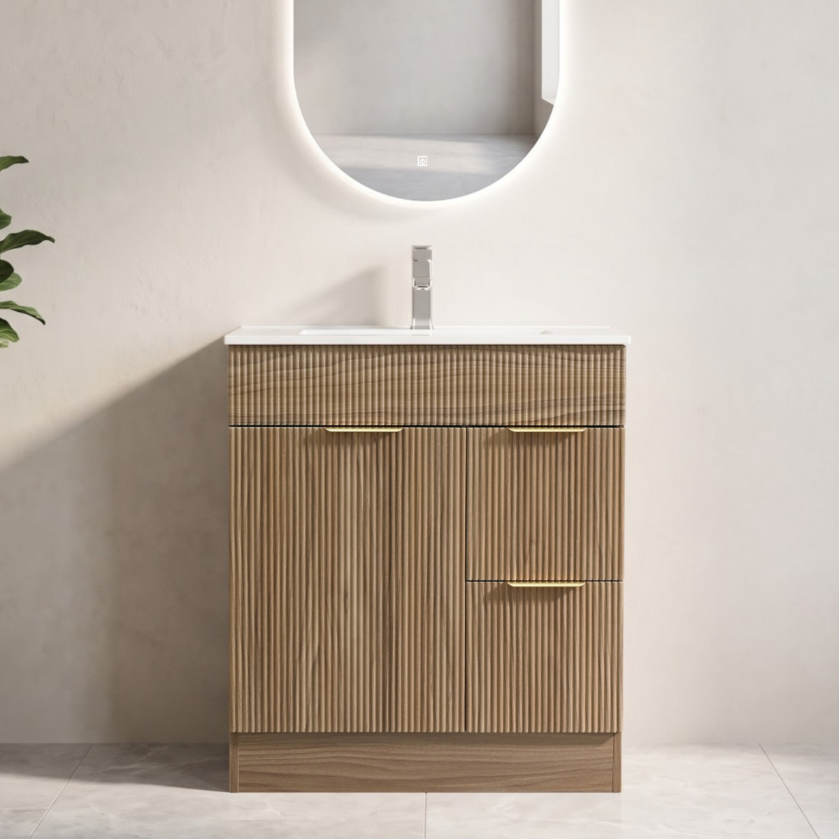 Walnut-Look Fluted Bathroom Vanity with Ceramic Sink — installed beneath a bathroom mirror