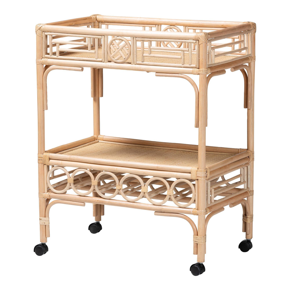 Natural Rattan 2-Tier Wine Cart with Wheels and Bottle Holders, Tropical Coastal Style - OROA Modern Furniture