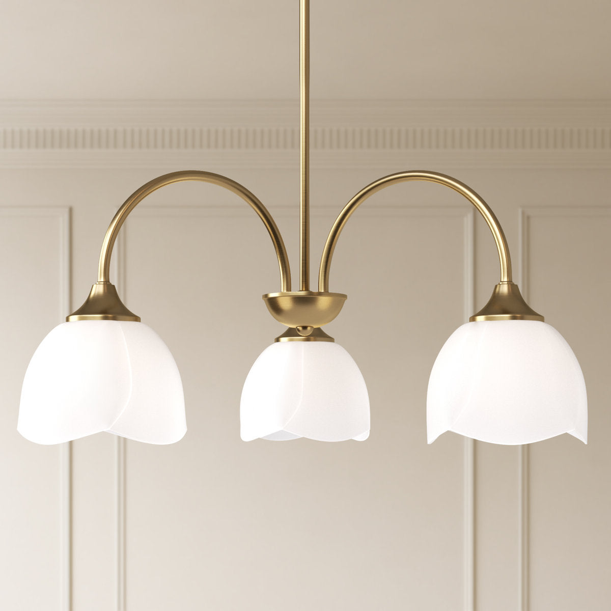 Three-Light Frosted Flower Glass Chandelier — flower-shaped shade close-up