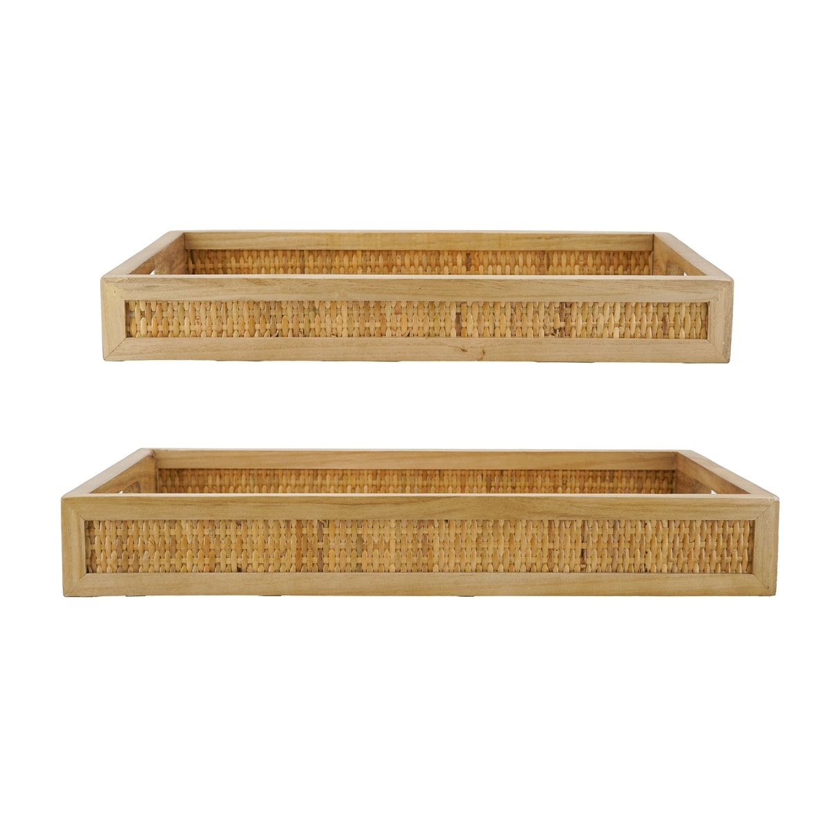 Brown Woven Rattan Trays with Handles — pair viewed from the side