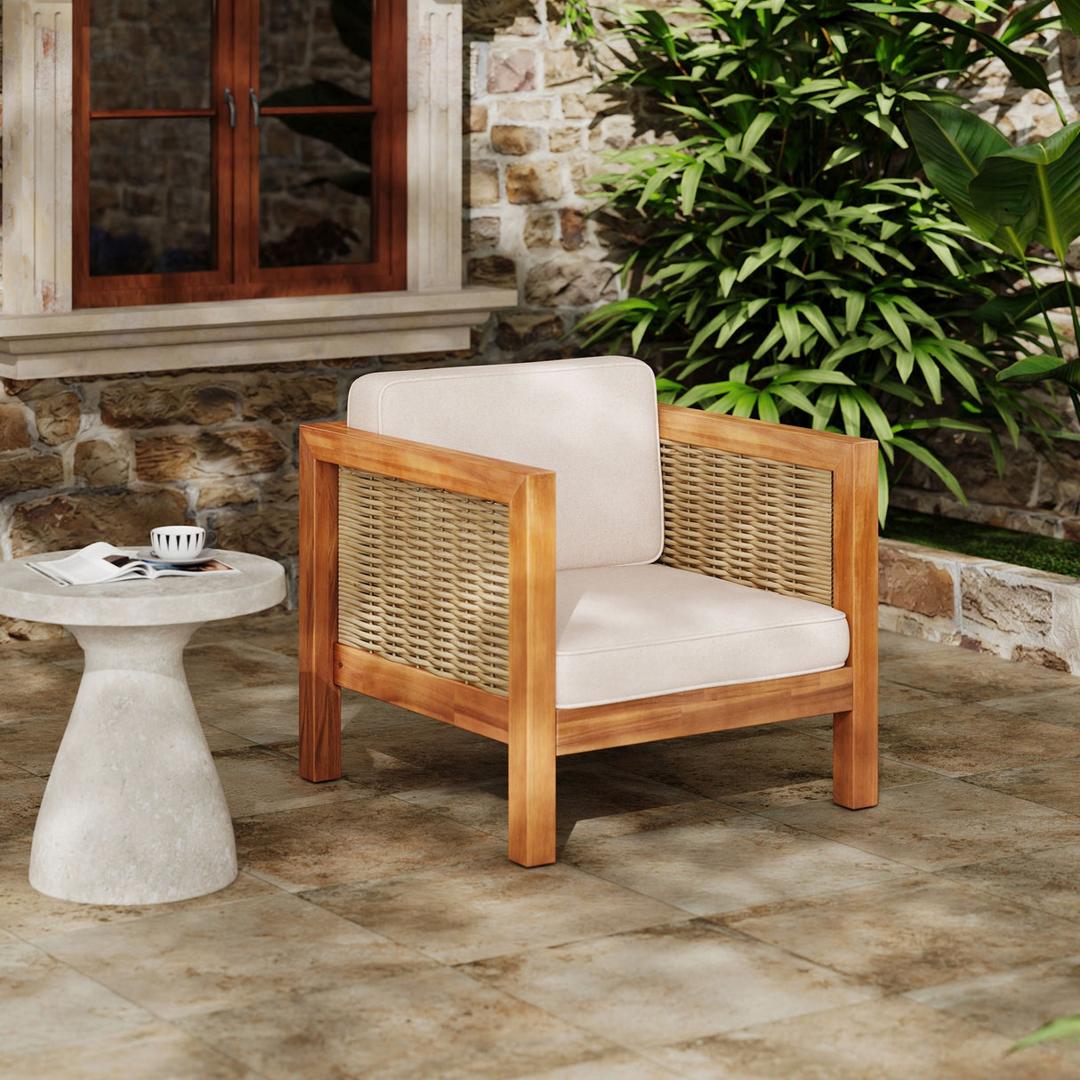 Outdoor Club Teak Chair With Rope Arm And Cushions - OROA