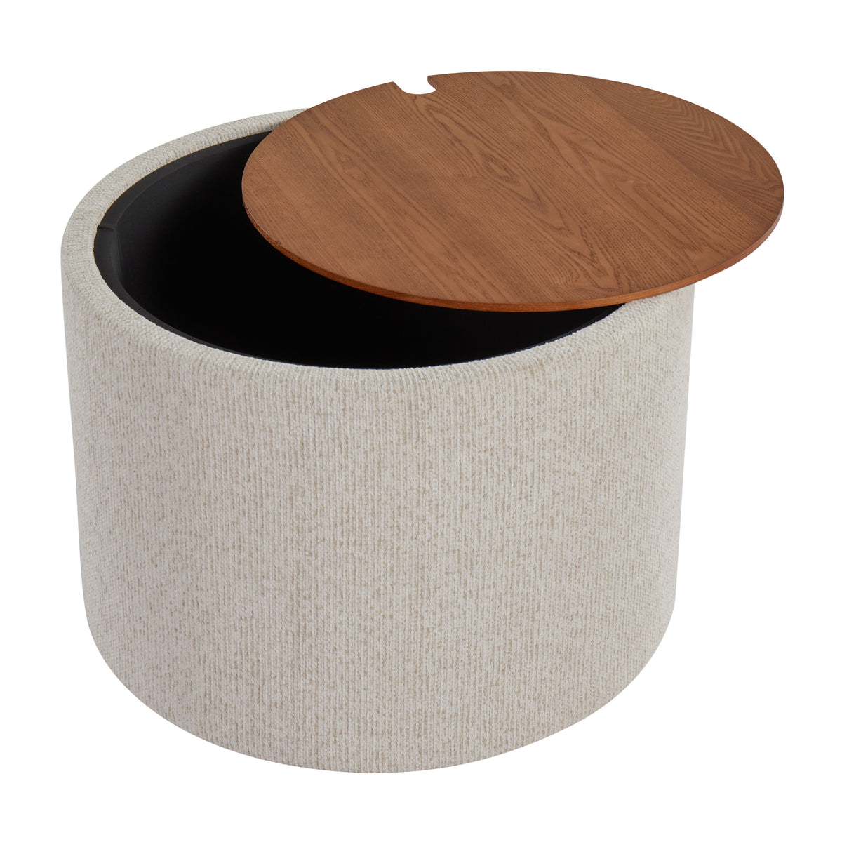 Cream Fabric Storage Tray Table with Walnut-Finish Lid — lid partially lifted