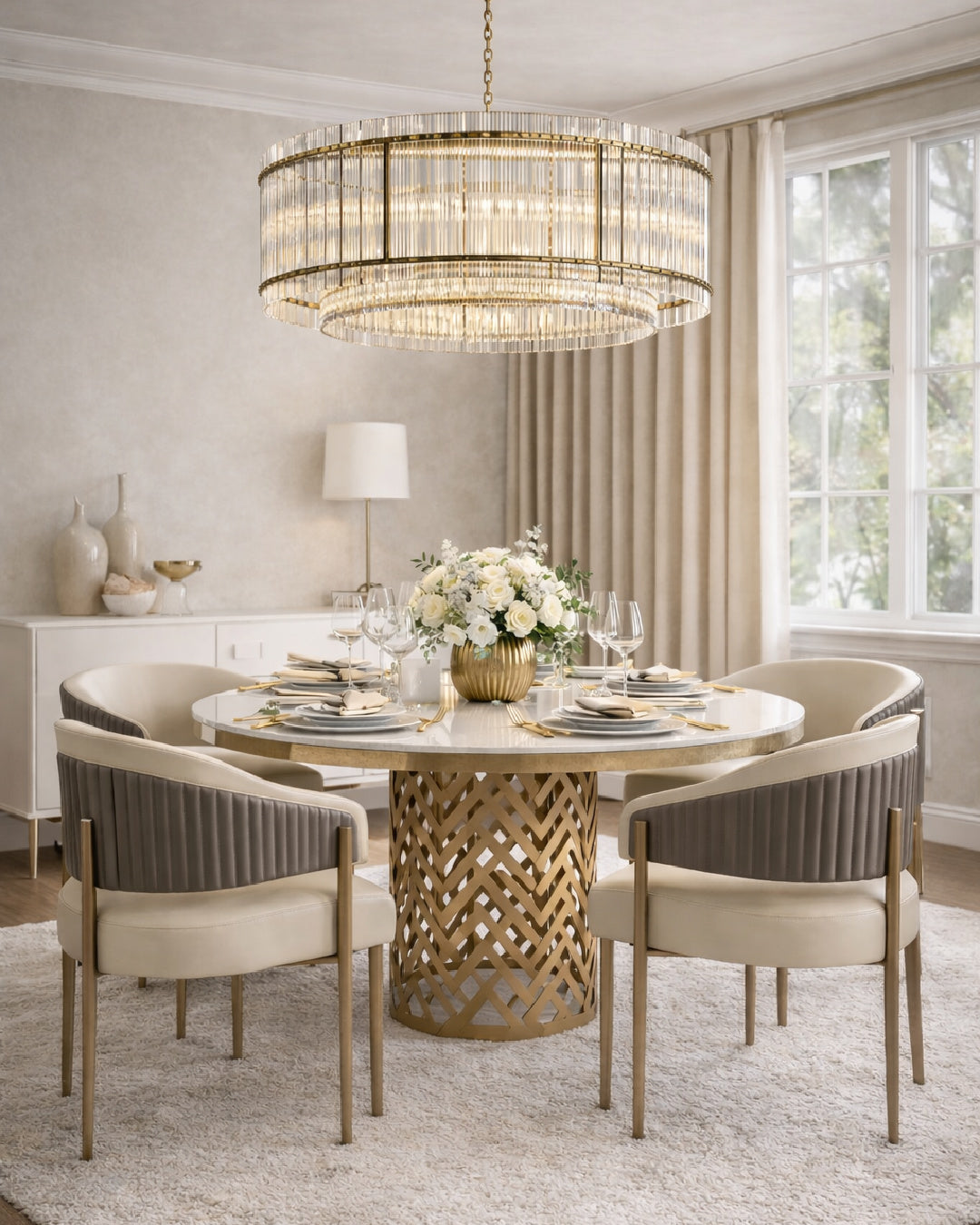 Elegant dining room with a round table, chairs, and a chandelier. oroa.com