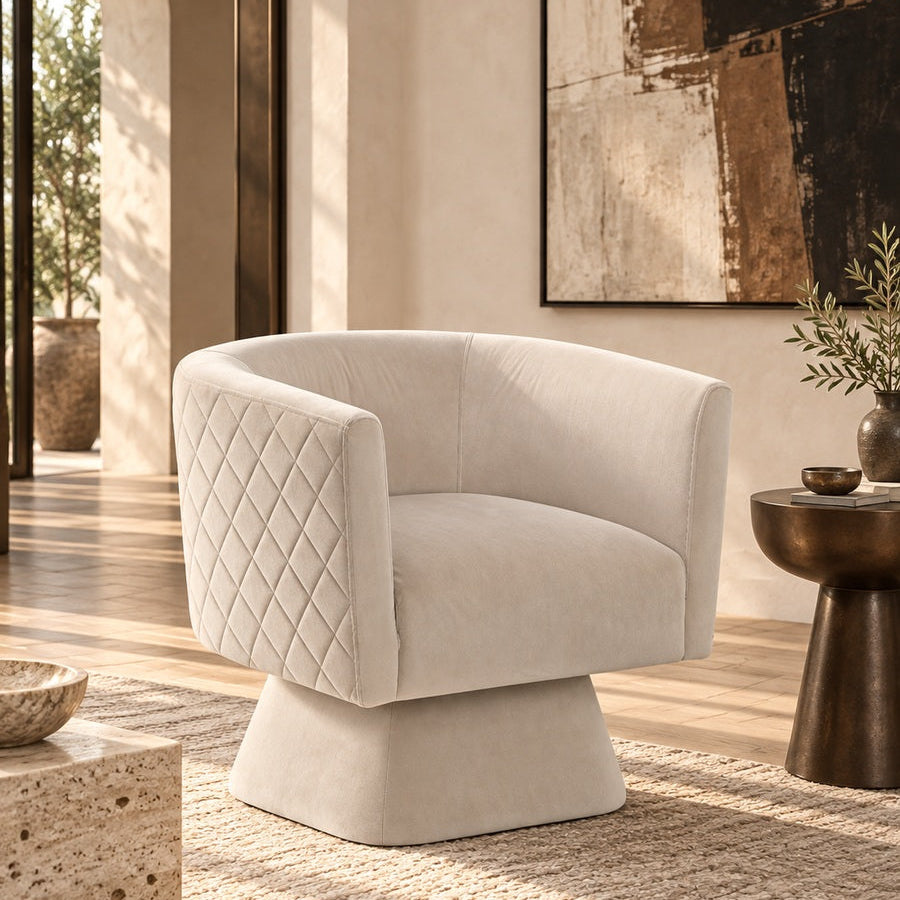 Taupe Velvet 360° Swivel Chair with Diamond Stitching - Catchy