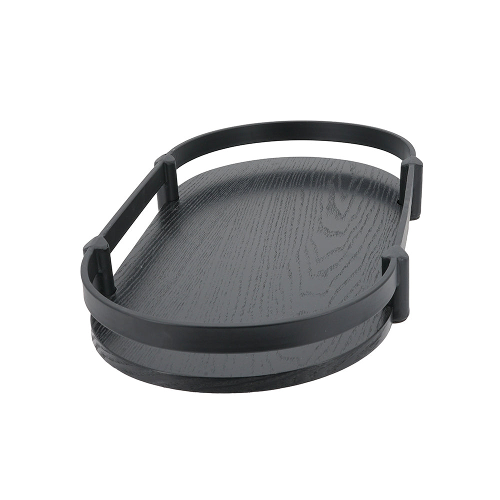 Oval Ash Veneer and Metal Trays — black tray in three-quarter view
