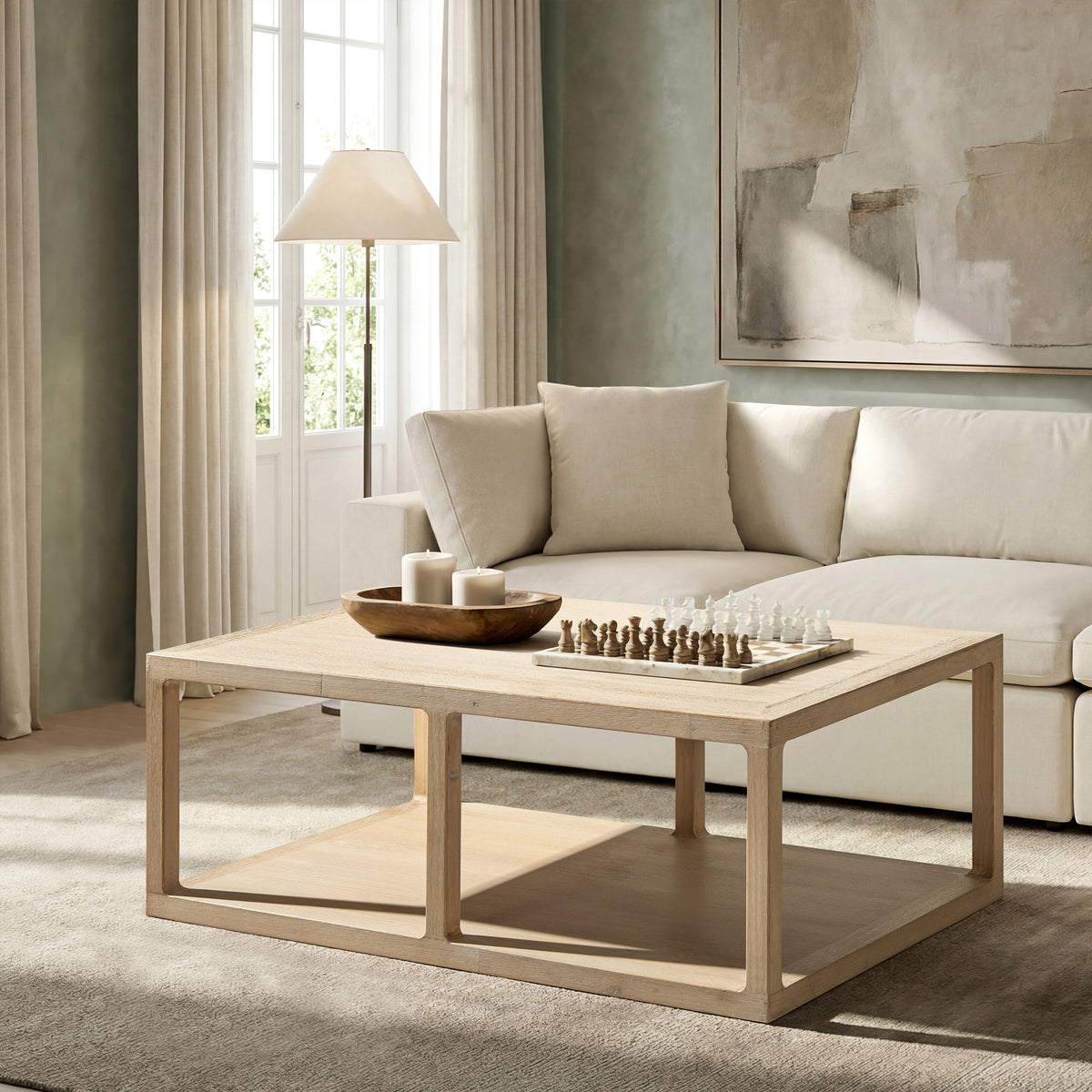 Ellis Reclaimed Pine Open Frame Coffee Table with Lower Shelf, Light Natural Cerused - OROA Online Furniture