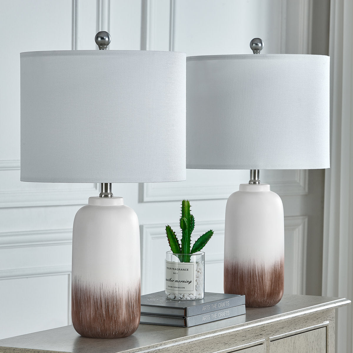 Brown and White Ceramic Table Lamps — pair styled on a console