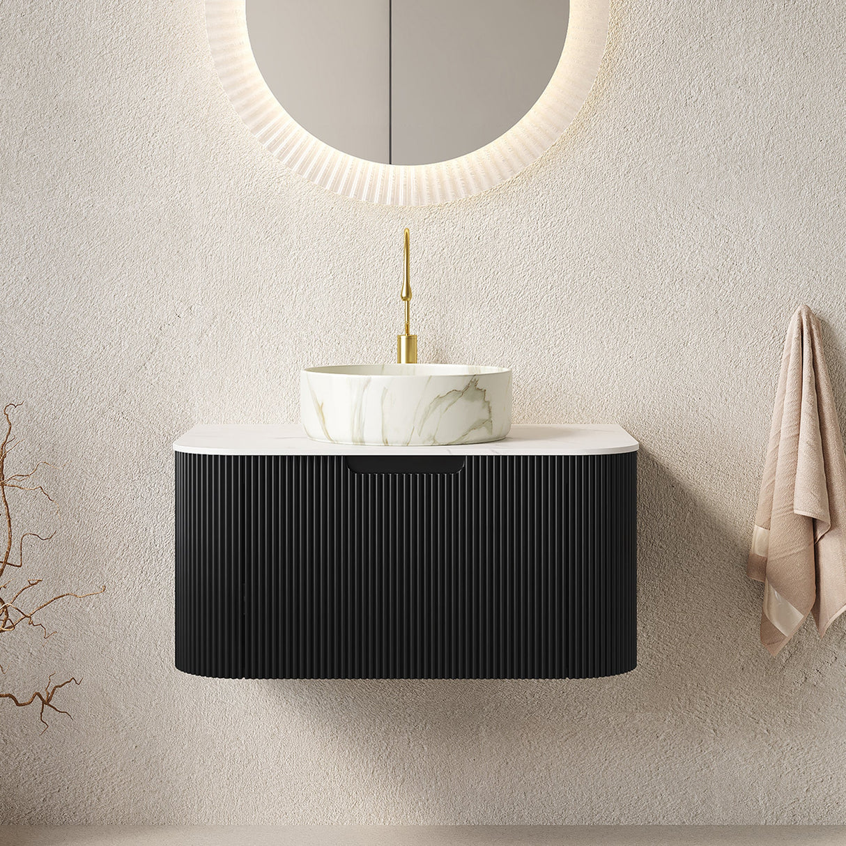Modern Bathroom Vanity & Sink with Floating Curved Edges - OROA