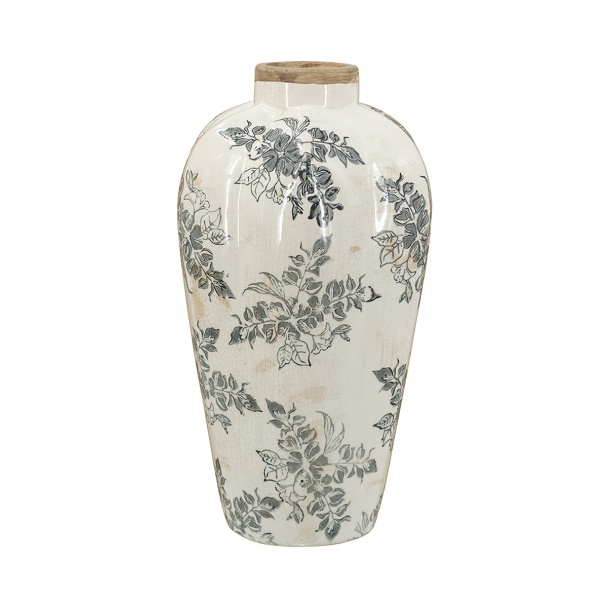 White Ceramic Accent Vase with Gray Floral Design - OROA