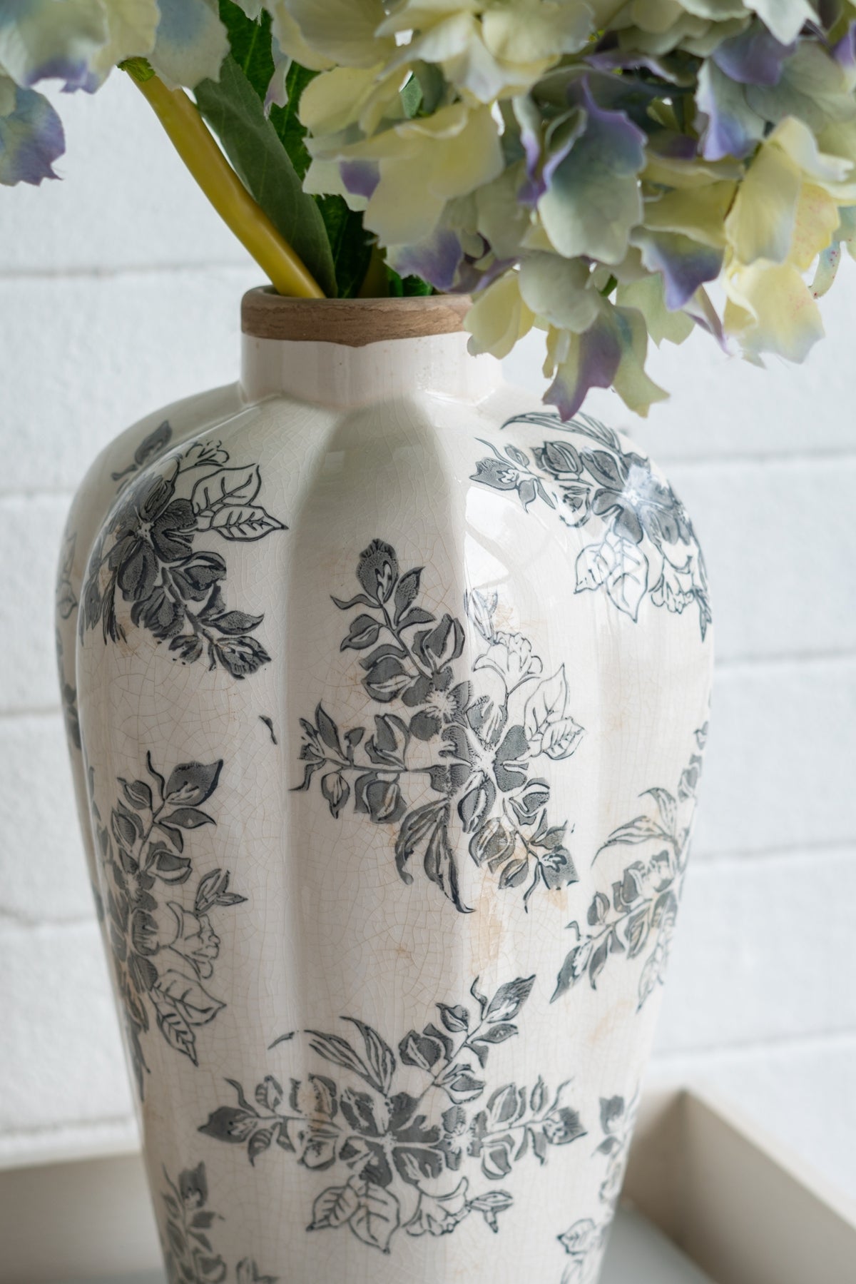 White Ceramic Accent Vase with Gray Floral Design - OROA