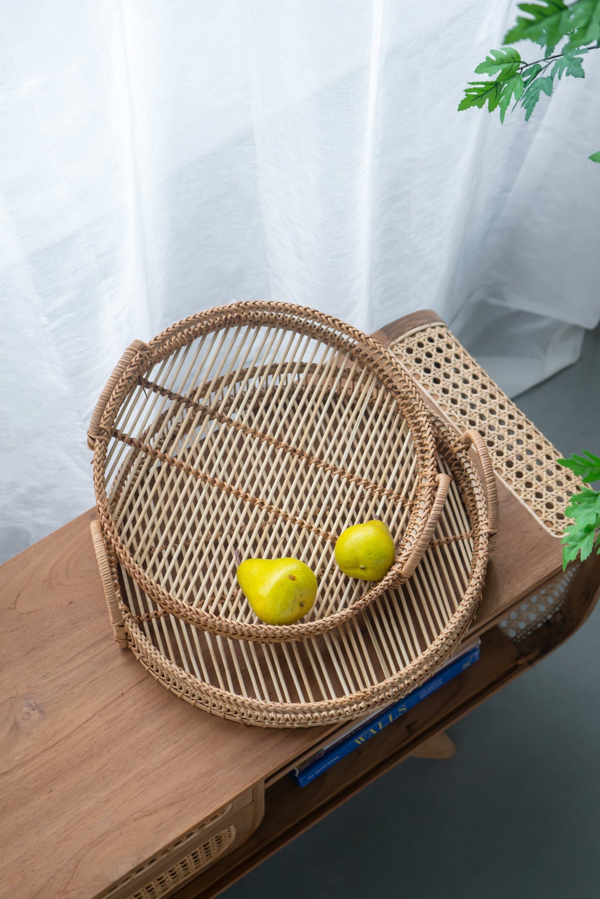 Round Decorative Brown Bamboo Woven Trays with Handles (S/3)