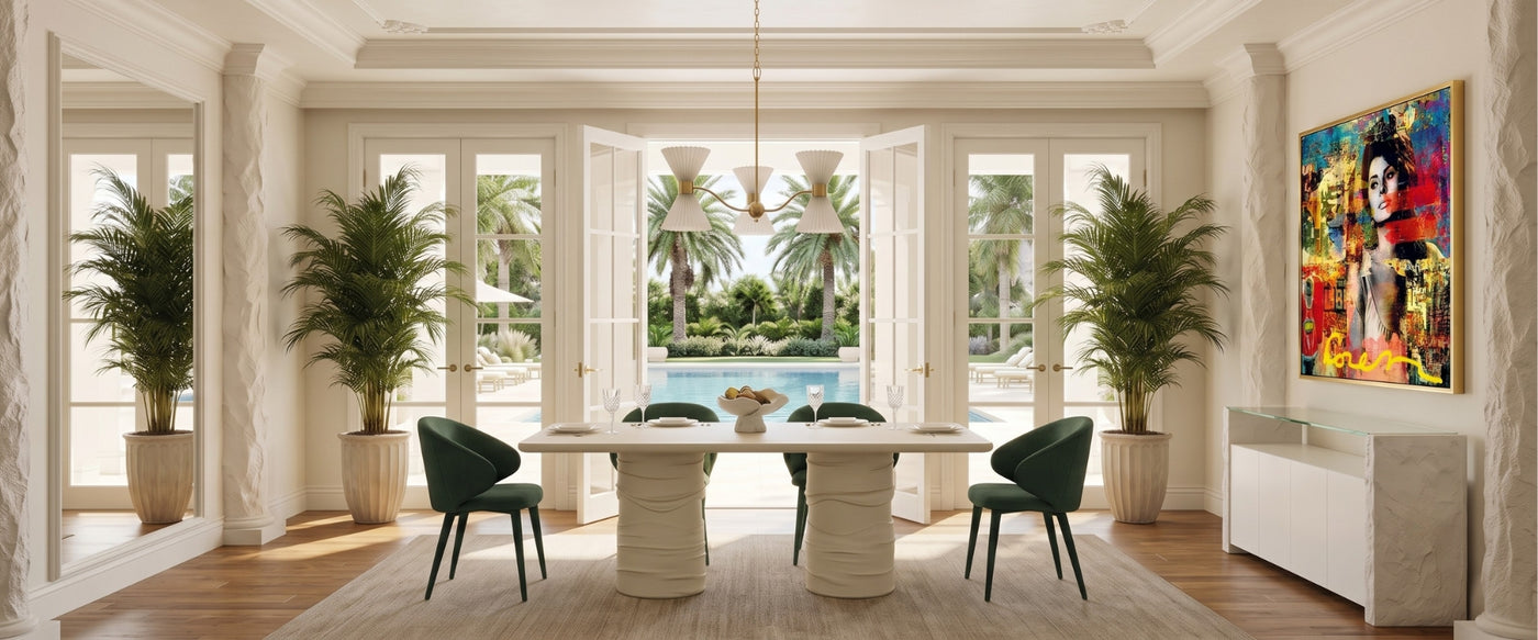 Miami Art Deco dining room featuring geometric furniture and refined finishes from OROA.