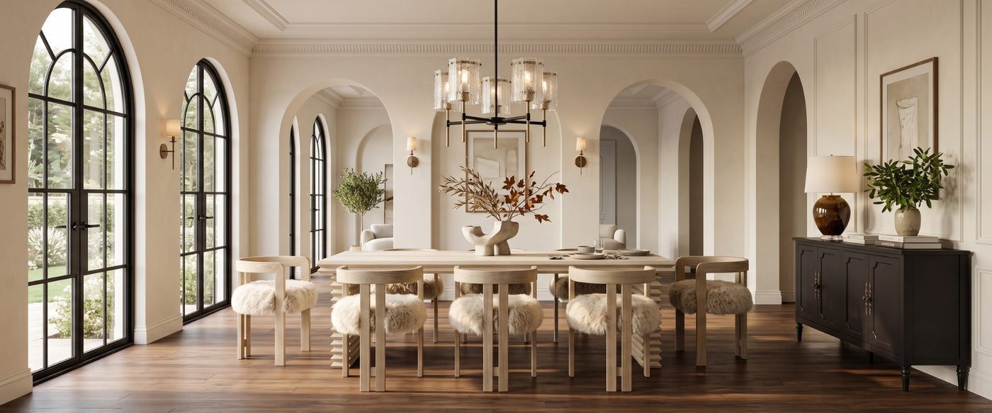 Fall dining room featuring OROA furniture with warm wood tones, textured finishes, and seasonal décor.