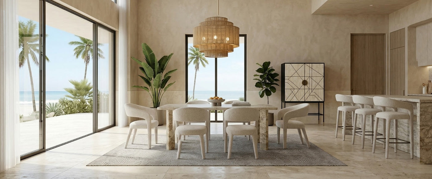 Coastal Living dining room featuring OROA furniture with natural textures, airy finishes, and coastal-inspired styling.